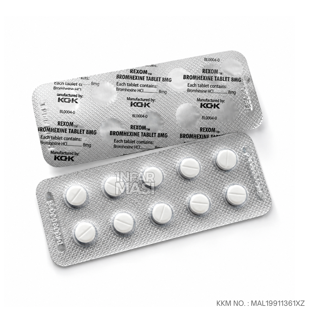 KCK Rexom Bromhexine 8mg Tablet 10’s (Strip) – Ubat Batuk Berkahak, Pecahkan, Cairkan Kahak