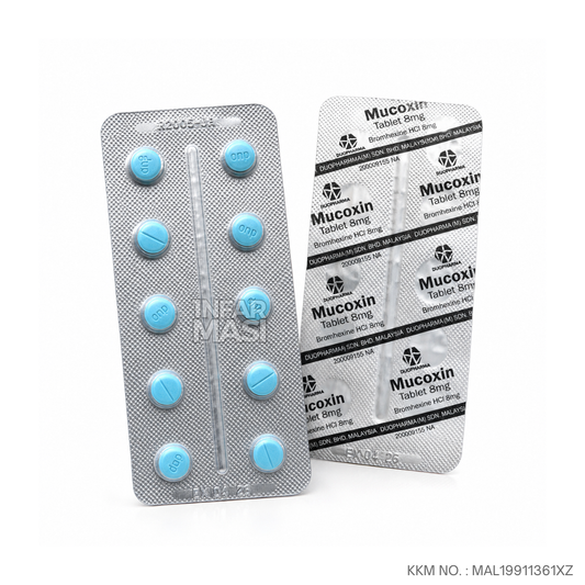 Mucoxin Bromhexine 8mg Tablet 10's (Strip) - Ubat Batuk  Cairkan Kahak Dewasa dan Kanak Kanak
